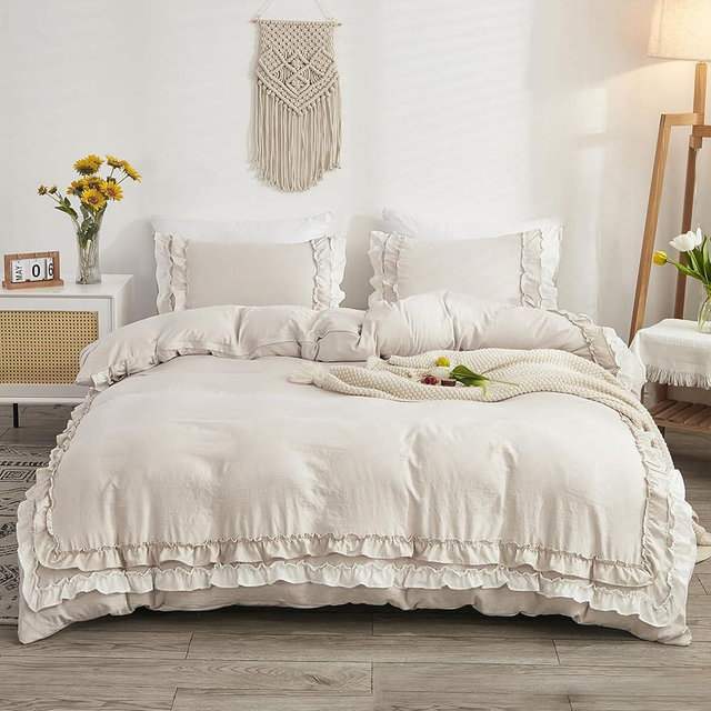 Bedorm Beige Duvet Cover Set King Ruffle Bedding Set Pleat Ruffled Shabby Chic Comforter Cover Extra Soft & Easy Care White Boho Duvet Cover with Zipper Closure