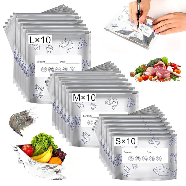 30Pcs Reusable Aluminum Foil Sealable Storage Bags,Freezer Bags Stand Up Foil Sealable Bags with Label and Zip Lock,Aluminum Foil Bags for Food Vegetable Fruit Meat (10S+10M+10L)