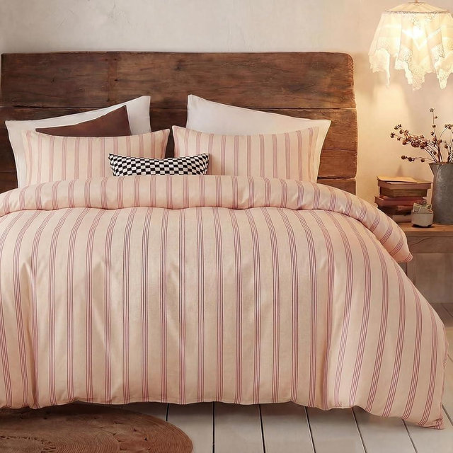 Bedbay 100% Cotton Striped Duvet Cover Set King Size, Warm Apricot Bedding Set, 100% Cotton Sateen, Silky Soft Cozy 3 Piece Duvet Cover for All Seasons