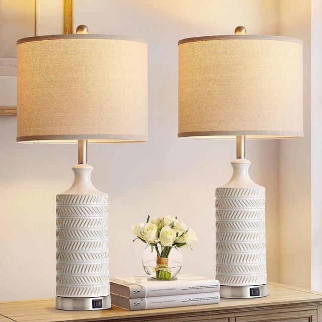28.3" Ceramic Table Lamp Set of 2 for Living Room, 3-Way Dimmable Touch Bedside Nightstand Lamp with USB+C Charging Port for Bedroom End Table Dorm Office, Bulbs Included