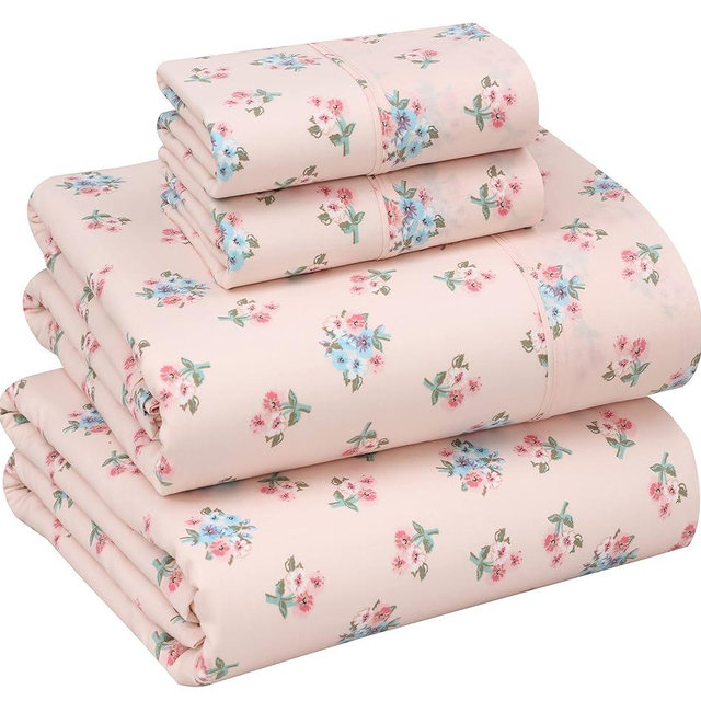 RUVANTI 100% Cotton King Size Sheets Set, 4 Pieces, Soft & Breathable Percale Weave Bedding, Deep Pocket 16", Hotel Standard, Crisp Cool Feel, Durable, Perfect Floral Bed Sheet, Spring On