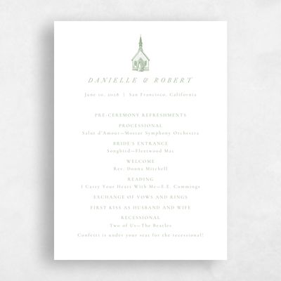 Sage, Green Wedding Program - Rustic Church