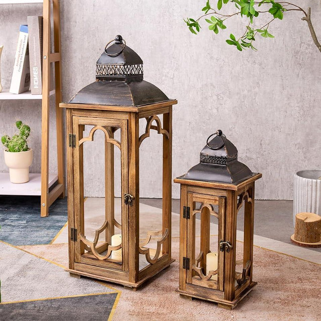 Large Farmhouse Decorative Wooden Lantern Set of 2, Rustic Brown Floor Lanterns, Indoor/Outdoor Hurricane Lanterns for Home Decor (No Glass)