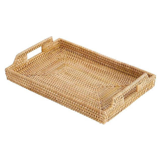 Rattan Rectangular Serving Tray with Handles, Hand-Woven Wicker Decorative Tray for Coffee Table,Vintage Boho Style Decor for Dining, Kitchen, Bathroom, Outdoor(17"x11.4"x1.9")