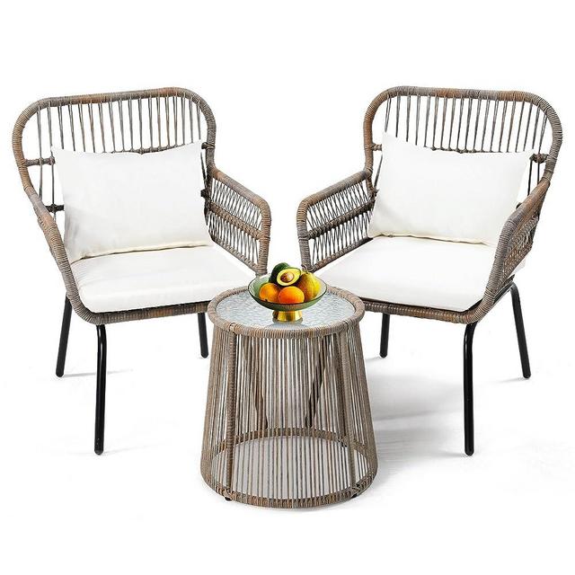 Wildformers 3 Pieces Rattan Wicker Bistro Set, Outdoor Conversation Set, Wicker Furniture Set with Glass Top Table, Space Saving for Balcony, Backyard, Natural
