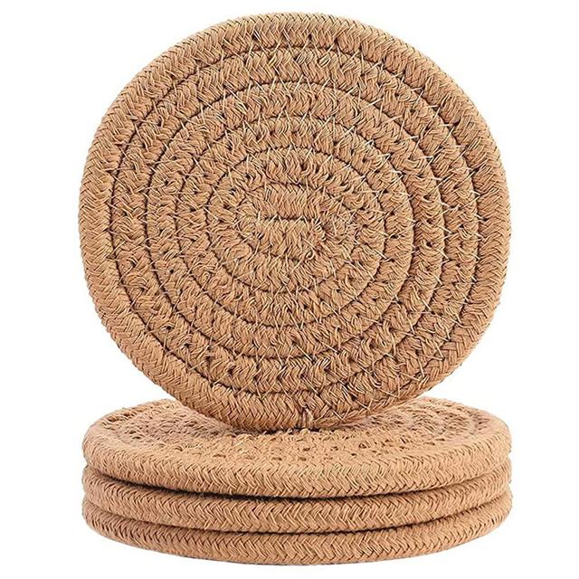 Coasters for Drinks 4 Pcs, ABenkle Boho Woven Drink Coasters (4.3inch), 100% Cotton Super Absorbent Heat-Resistant Round Coasters for Coffee Table, Great Housewarming Gift - Brown