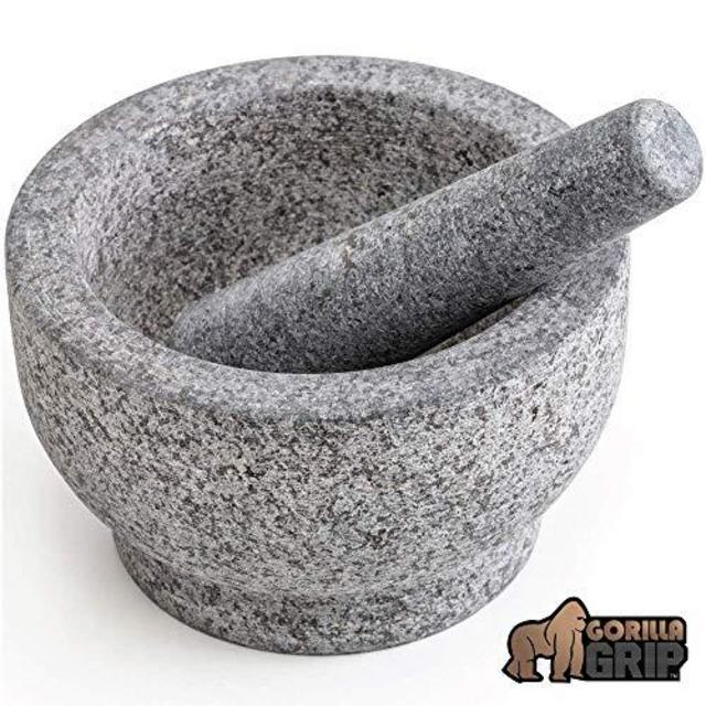 Gorilla Grip Original Organic Mortar and Pestle, Large Size, Holds 4 Cups, Slip Resistant Bottom, Large Heavy Duty Unpolished Granite, Guacamole Molcajete Bowl, Kitchen Spices, Herbs, Pesto Grinder