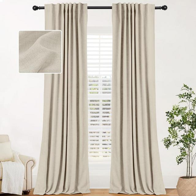 INOVADAY 100% Blackout Curtains for Bedroom 120 Inches Long 2 Panels Set, Back Tab/Rod Pocket Faux Linen Blackout Curtains, Thermal Insulated Darkening Drapes for Living Room, 52''W x 120''L, Natural