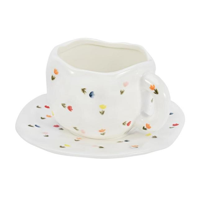Koythin Ceramic Coffee Mug, Cute Pink Cup for Women with Saucer for Office and Home, Dishwasher and Microwave Safe, 10 oz/300 ml for Latte Tea Milk, Mothers Day Gifts (Colorful Tulips)