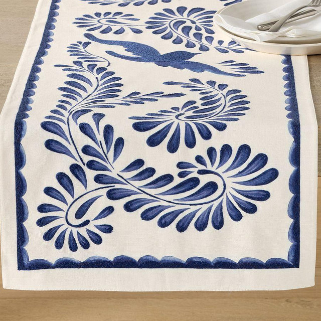 Puebla Embroidered Organic Cotton Runner - Blue