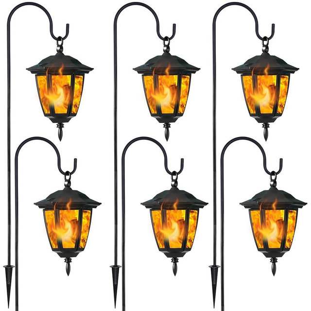 Dynaming 6 Pack Solar Flame Hanging Lights Outdoor, Solar Flickering Flame LED Garden Lanterns with 6 x 38 Inch Shepherd Hooks, Landscape Lighting Waterproof for Lawn Patio Yard Pathway Driveway