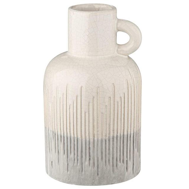Decorative White Ceramic Vase Two-Tone Boho Flower Vase with Handle Rustic Pottery Jug Vase for Flower Arrangement Table Centerpieces, Living Room, Mantel