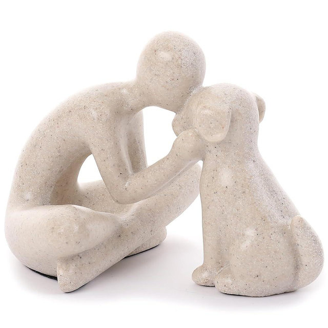 FriyGardcn Dog Sculpture Home Decoration Decor Cute Man and Dog Statue Decor for Shelf、Living Room、Bedroom、Home， Memory Gifts for Pet Lovers (Sandstone)