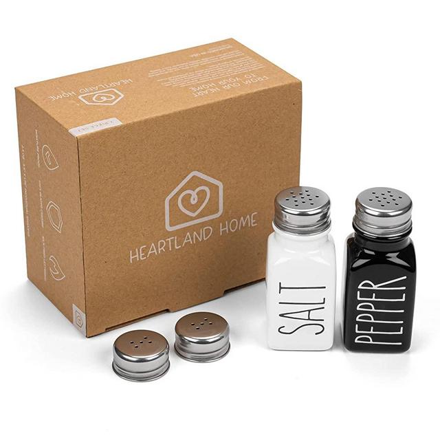 Farmhouse Ceramic Salt and Pepper Shakers Set with Extra Lids. 100% Stoneware Salt and Pepper Shaker Set. Black Pepper and White Salt Shaker with Lid x4. Kitchen Salt Pepper Shakers by Heartland Home