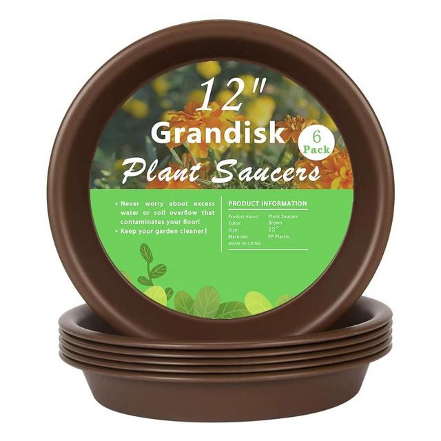 Grandisk 6 Pack Plant Saucer 12 inch Plant Trays for Pots Heavy Duty Plastic Plant Drip Trays for Indoors Outdoor Plant Drainage Tray (12, Brown)