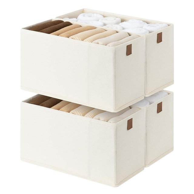 StorageWorks Fabric Storage Bins, Small Storage Bins with PU Handle, Decorative Narrow Baskets for Shelves, Ideal for Organizing Clothes, Toys, and Books, Beige, 4-Pack