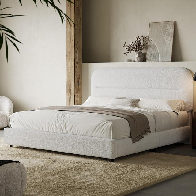 HOMBCK Queen Bed Frame, Boucle Upholstered Bed Frame with Headboard, Soft Bed Frame Queen with Thickened Footboard, Rounded Corners, No Box Spring Needed, Easy Assembly, White