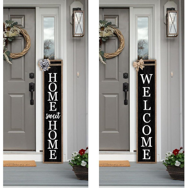 LuZhiQiang Front Porch for Welcome 2in1 Standing Sign 45"X9" Vertical Tall Long Leaner Outdoor Wood Framed Front Door Decor (Wood Black)