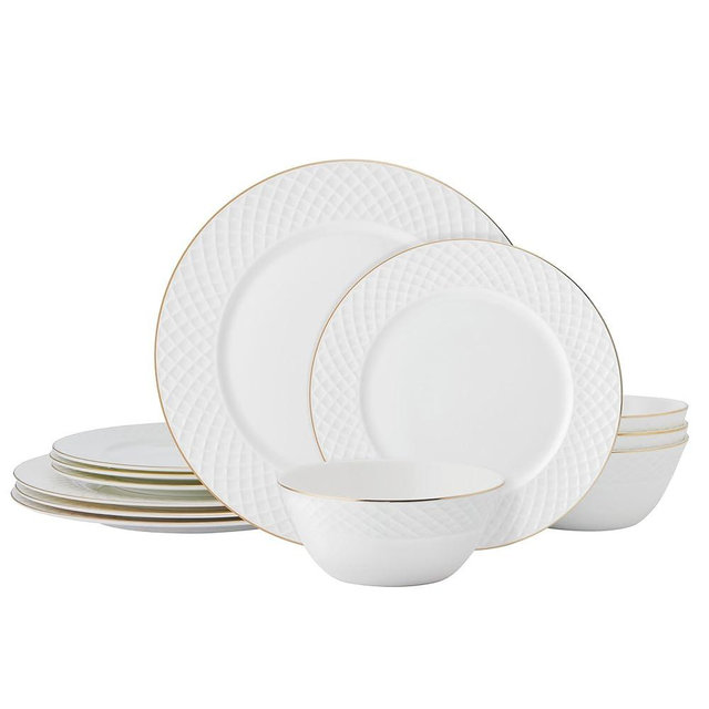 Mikasa Trellis Gold Rim Bone China Lightweight Chip Resistant 12 Piece Dinnerware Set, Service for 4