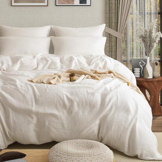 AGSIT Muslin Duvet Cover 100% Washed Cotton, King Size Duvet Cover Set Linen Like, Minimalist Soft Comforter Cover 3 Pieces, Lightweight Gauze Duvet Cover with 2 Pillowcases, 90”x104”, Pure White