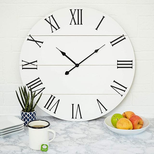 Large White Wall Clock - 21 Inches - Wooden - Shiplap - Farmhouse Decoration - Roman Numerals - Rustic Barn - Shabby Chic - Sleek, Simple, Clock - Big Classic Decor - Battery Operated