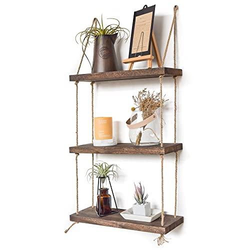 Labcosi 3 Tier Rope Wall Hanging Floating Shelves, Swing Rustic Wood Shelf, Farmhouse Decor and Display Rack for Living Room, Bathroom, Bedroom, and Outdoor (Brown)