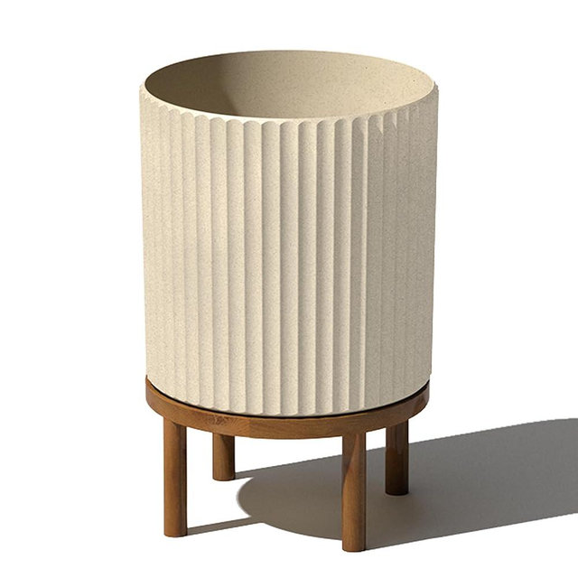 Veradek Demi Series Round Planter w/ Stand for Porch/Patio | Durable Plastic-Concrete & Wooden Stand | Modern Décor for Tall Plants, Flowers