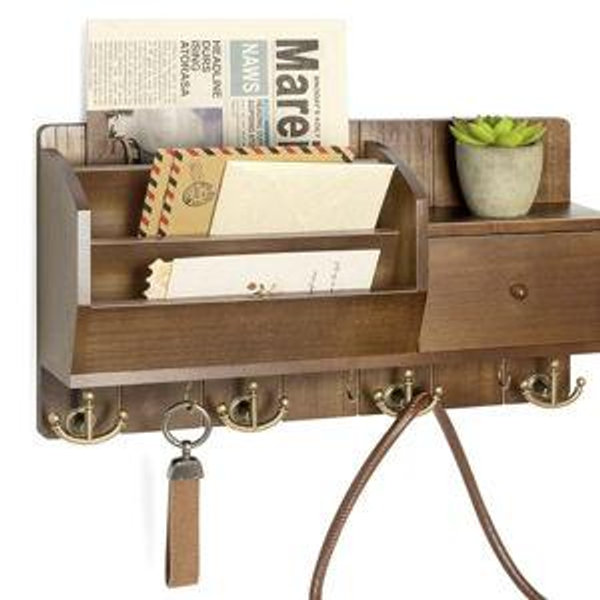 Key Holder Wall Mount with Mail Sorter - Modern Farmhouse Key and Mail Organizer with Hooks and Mini Drawer for Home Decor - Rustic Apartment Essentials for Home Improvement (Brown & Golden Hooks)