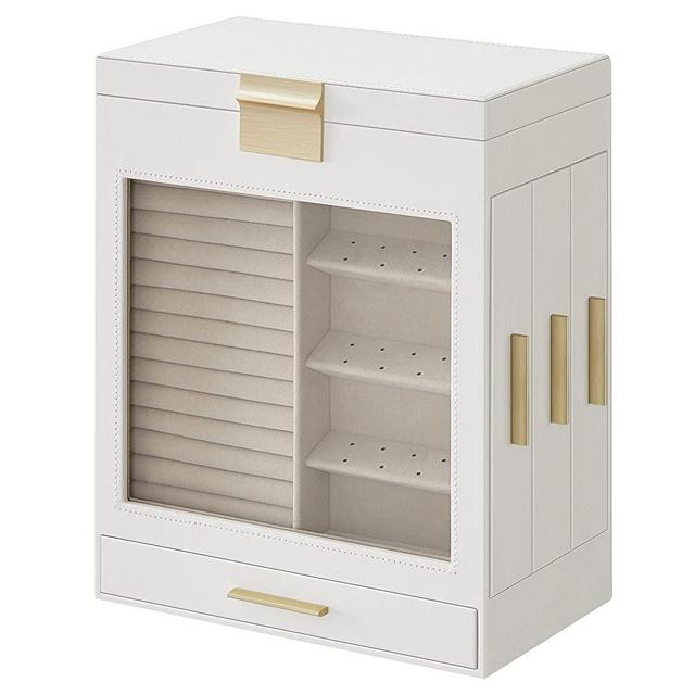SONGMICS Jewelry Box with Glass Window, 5-Layer Jewelry Organizer with 3 Side Drawers, Jewelry Storage, with Vertical Storage Space, Big Mirror, Modern Style, Cloud White UJBC162W01