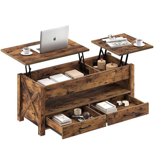 Seventable Lift Top Coffee Table,47.2" Coffee Table with 2 Storage Drawers and Hidden Compartment, X Wood Farmhouse Support, Retro Center Table with Wooden Lift Tabletop, for Living Room,Rustic Brown