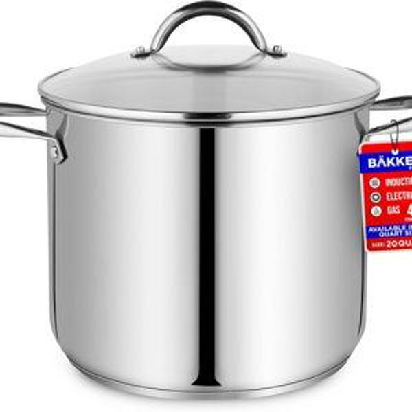 Stainless Steel Stockpot with Tempered Glass Lid 20 Quart, Durable 18/0 Stainless Steel, Impact-Bonded Base for Even Heating, Riveted Handles, Oven & All Stove Compatible, Safe Up To 500°F (260°C)