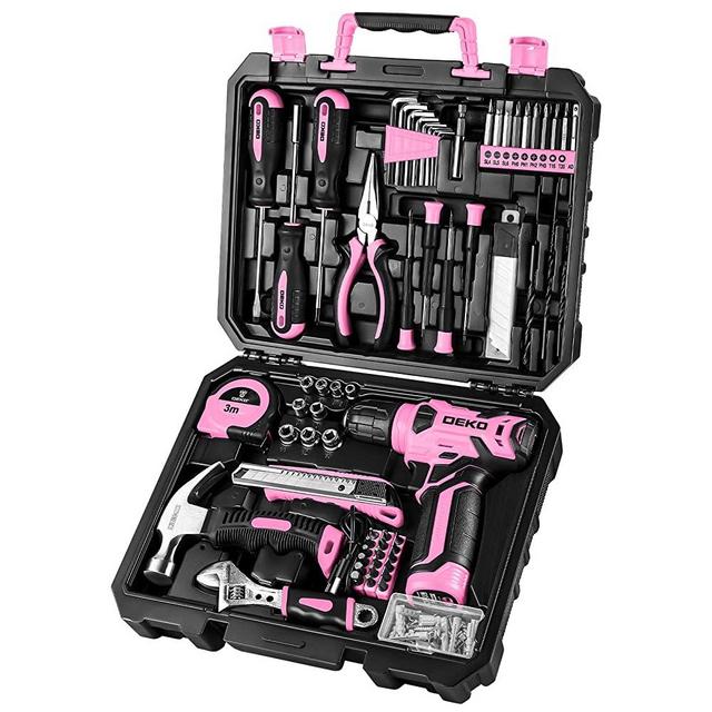 DEKOPRO Drill Set: Tool Set with 8V Pink Cordless Drill, Home Tool Kit with Drill, Hand Tool Kits for Women 126 Piece