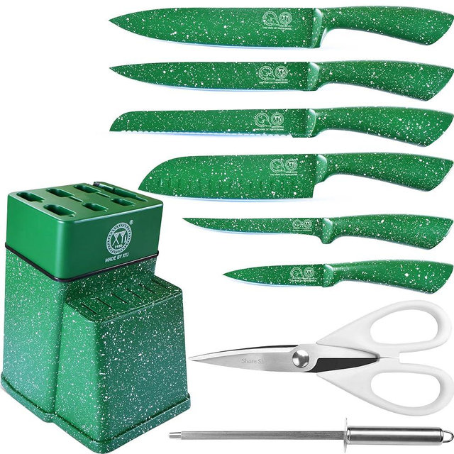 XYJ Authentic Since 1986, Knife Block Set, Professional Chef Knives Set With Knife Holder, Green Color Stainless Steel Knife, Meat Cleaver Slicing Cooking Kitchen Knife Kit