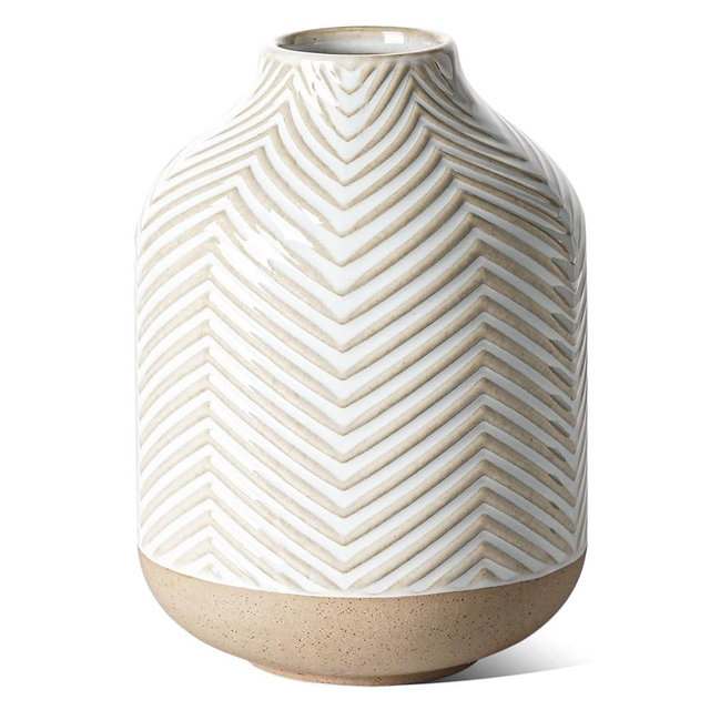 Small Boho Vase for Decor,Rustic Farmhouse Vase for Pampas Grass,Eucalyptus Set and Tiny Stem Flowers,Ceramic Vases for Centerpieces, 5.3 Inch Vintage Vase,Wave-Arctic White