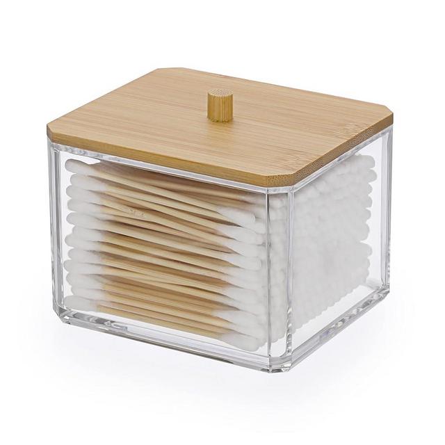 Hipiwe Acrylic Q-Tip Holder Dispenser with Lid Clear Plastic Bathroom Canisters Square Apothecary Jar Set Cotton Swab and Ball Storage Organizer for Cotton Round Pads, Floss