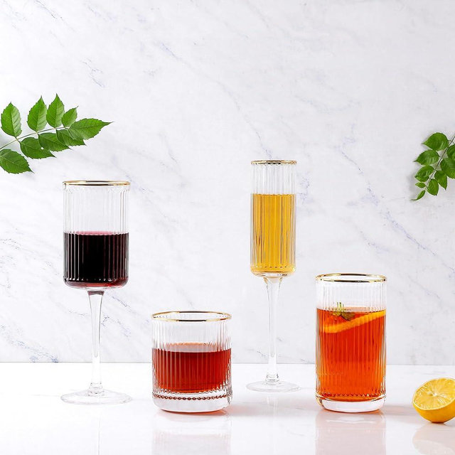 Lysenn Ribbed Drinking Glasses Set of 4 - Fluted Vintage Glassware Set Includes Wine Glasses, Champagne Glasses, Whiskey Glasses, Highball Glasses – Perfect for Christmas or Wedding Party