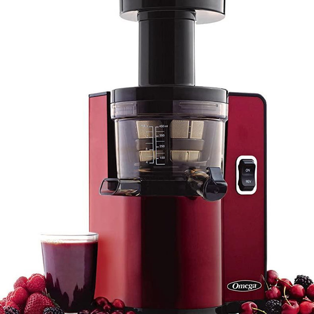 Omega Vertical Slow Masticating Juicer Makes Continuous Fresh Fruit and Vegetable Juice at 43 Revolutions per Minute Features Compact Design Automatic Pulp Ejection, 150-Watt, Red