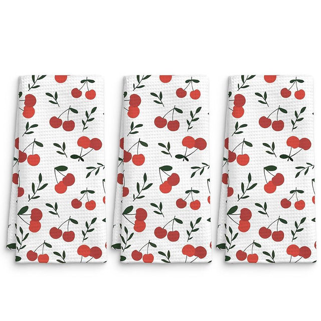 QICLM Cherry Decor Kitchen Towels Set of 3, Cherry Hand Towels Dish Towels for Kitchen Bathroom Decor, Fruit Lover Gifts, 16x24 Inches
