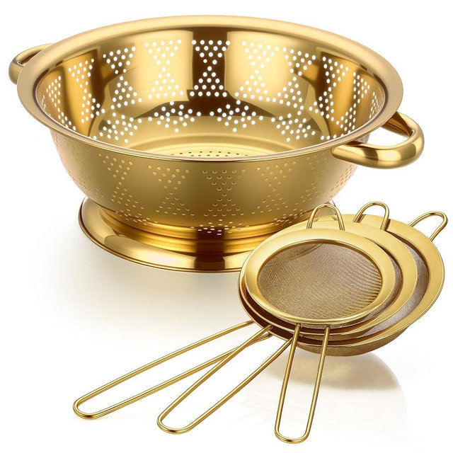 Acellegic 4 Pcs Gold Kitchen Accessories Includes Stainless Steel Colander and 3 Pcs Gold Fine Mesh Strainer Essential Kitchen Colander Strainers with Handles, Easy Clean and Dishwasher Safe(3.7 Qt)