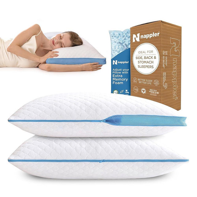 Nappler Side and Back Sleeper Pillow for Neck and Shoulder Pain Relief-Shredded Memory Foam Bed Pillow for Sleeping - 100% Adjustable Fill - Standard Size Set of 2 Washable Case. Extra Fill Included