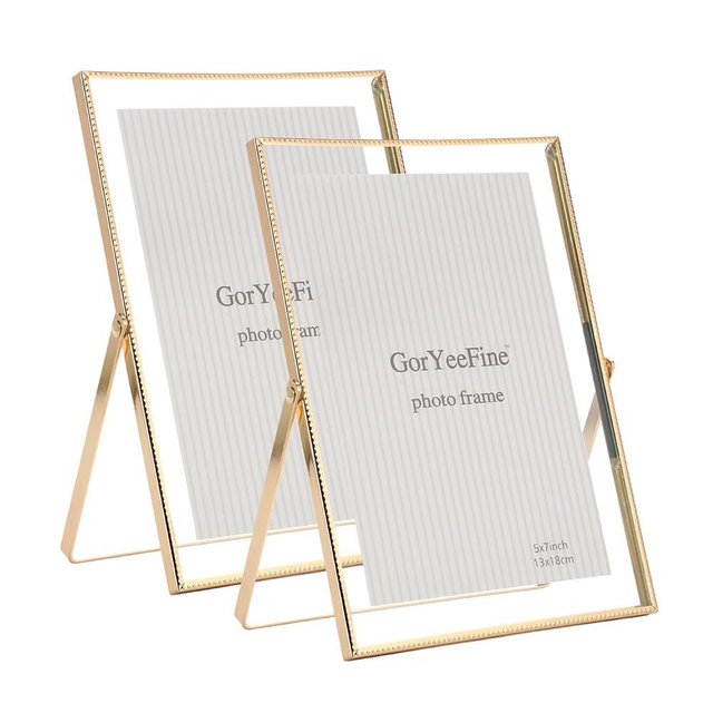 Gold 5x7'' Floating Frame Set of 2, For Photo Sizes (3.5 x5'', 4x 6'' up to 5x7'' ), Beautiful Metal Lace Edge Frames Adjustable Tabletop/Shelf Photo Frame, Classy Gift Choice for Wedding,