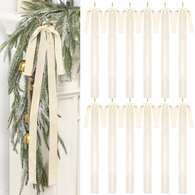 Janinka 12 Pcs Beige Velvet Ribbon Bows Christmas Tree Decorations 23.5x15.5 Inch Rustic Neutral Large Velvet Vintage Christmas Swag Ornaments Staircase Wreath Bows Tree Topper Bow