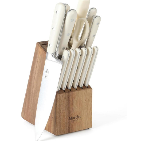 MARTHA STEWART Eastwalk 14 Piece High Carbon Stainless Steel Cutlery Kitchen Knife Block Set w/ABS Triple Riveted Forged Handle Acacia Wood Block - Linen White