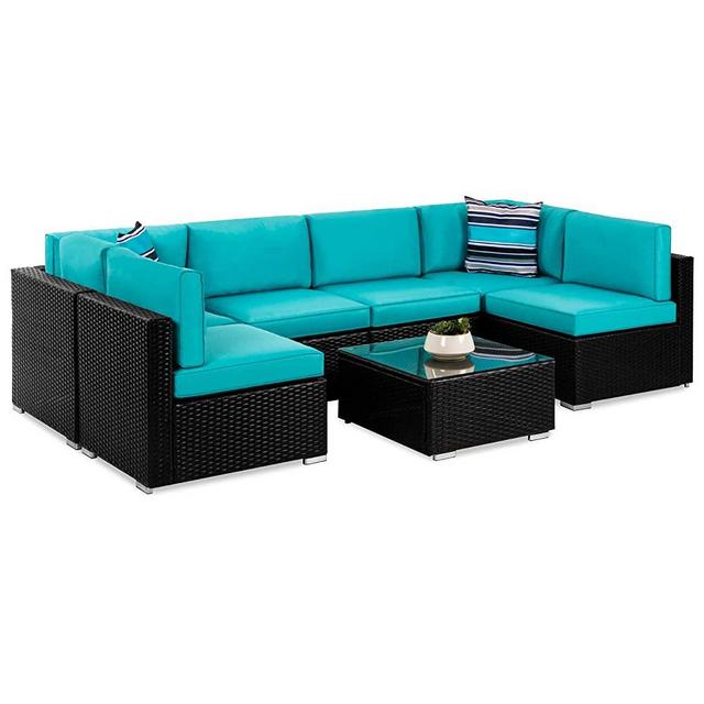 Best Choice Products 7-Piece Modular Outdoor Sectional Wicker Patio Furniture Conversation Sofa Set w/ 6 Chairs, 2 Pillows, Seat Clips, Coffee Table, Cover Included - Black/Teal