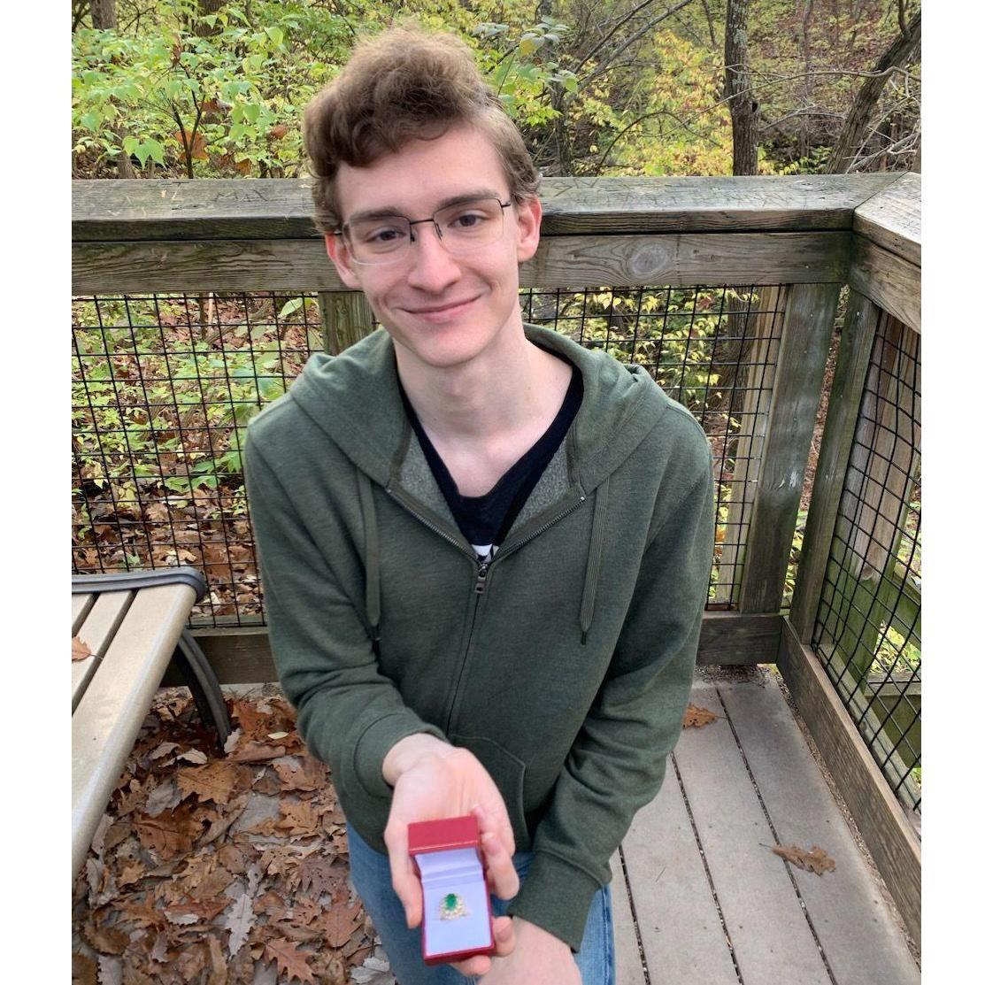 Justin proposing near Indian River Falls, Dublin, OH, on October 13, 2020