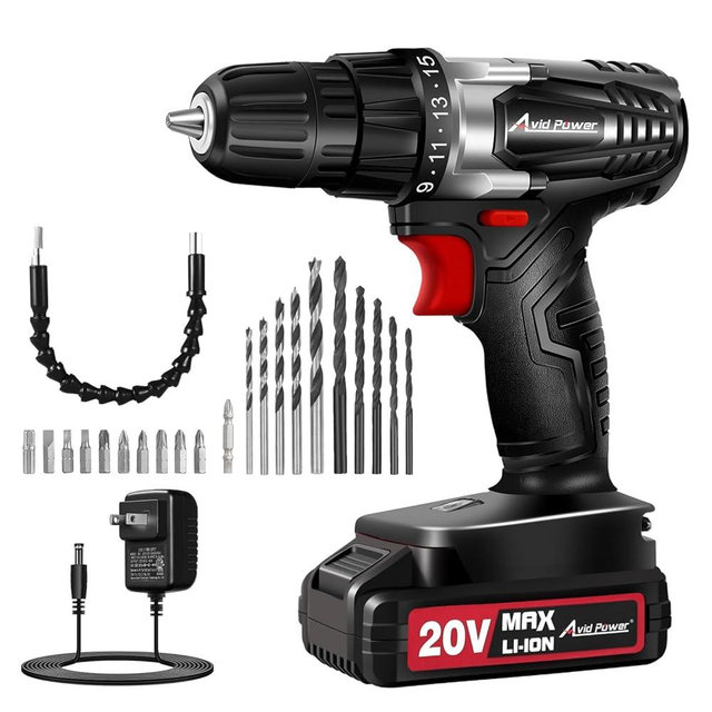 Cordless Drill Set with Battery and Charger, AVID POWER 20V MAX Lithium lon Power Drill Kit, 550RPM Variable Speed & 3/8-Inch Keyless Chuck,16 Position and 22pcs Drill Bits(Black)
