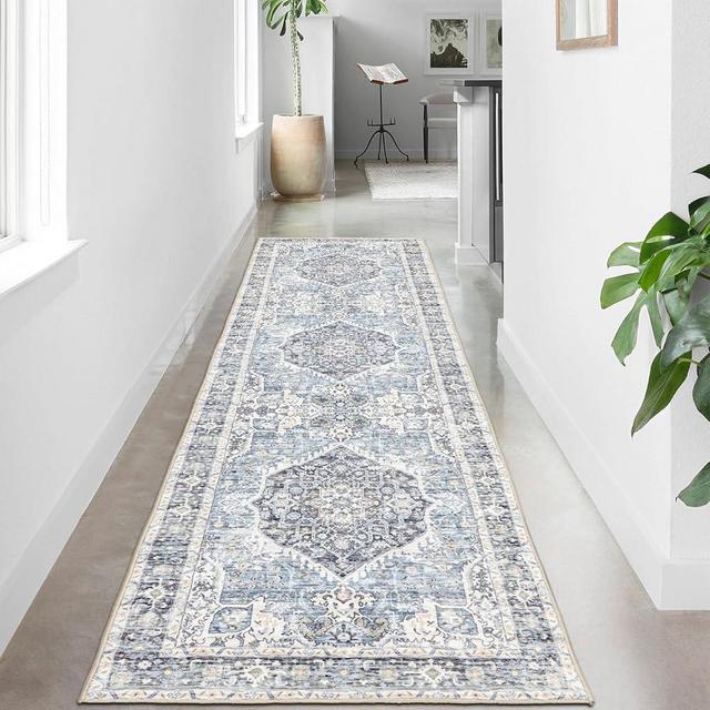 Domitapis Runner Rug 2×8, Vintage Boho Rug,Ultra-Soft Low Pile, Washable, Non Slip,Stain Resistant Printed Carpet for Hallway Kitchen Living Room Bedrooms Playroom Office, Light Blue