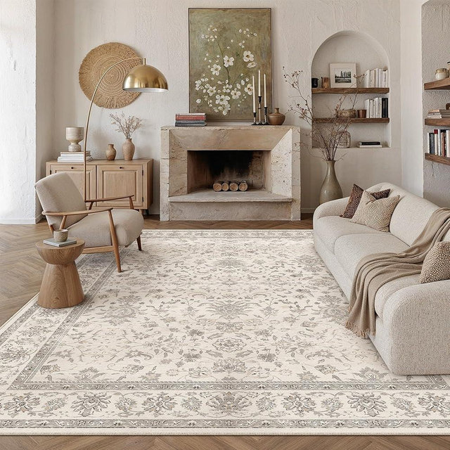 PureCozy 8x10 Area Rug Beige Washable Vintage Carpet Living Room Bedroom Large Non Slip Stain Soft Resistant Low Pile Thin Boho Accent Indoor Throw Rug for Dining Room Office