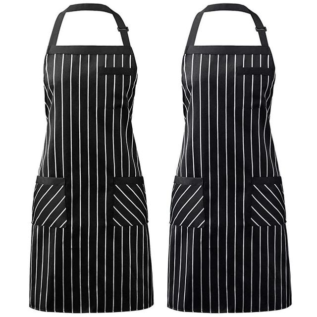 Syntus 2 Pack Adjustable Bib Apron with 3 Pockets Cooking Kitchen Aprons for Women Men Chef, Black/White Pinstripe