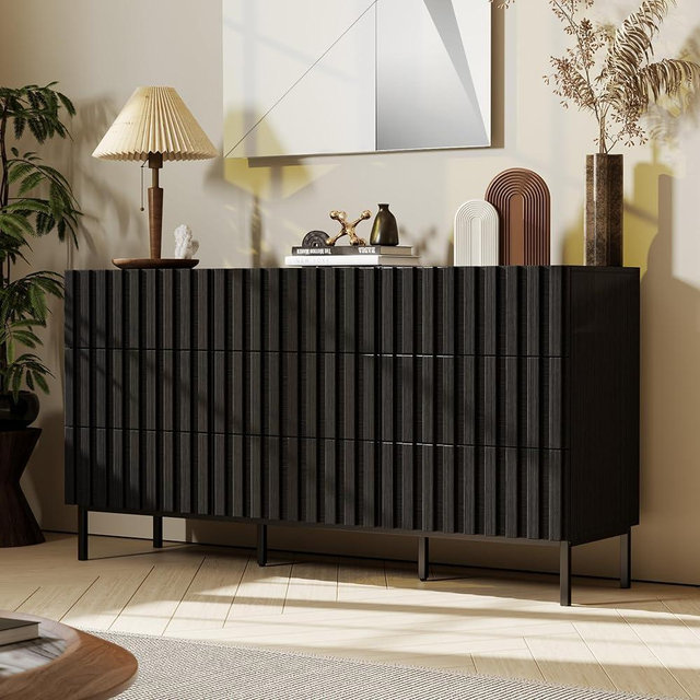 UEV 59" Fluted Dresser with 9 Drawers, 9 Drawer Dressers for Bedroom, Mid Century Modern Fluted Dresser, Long Chest of Drawers TV Stand for Bedroom, Hallway (Black)
